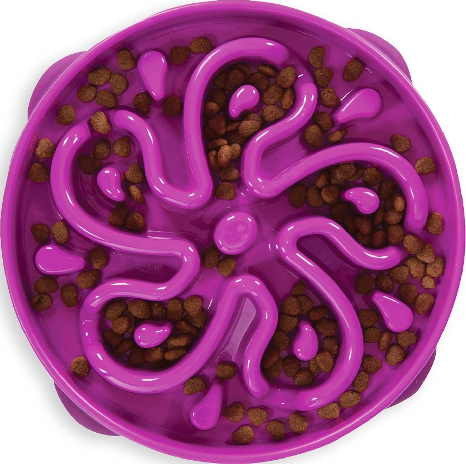 Flower-shaped purple slow feeder bowl with kibble